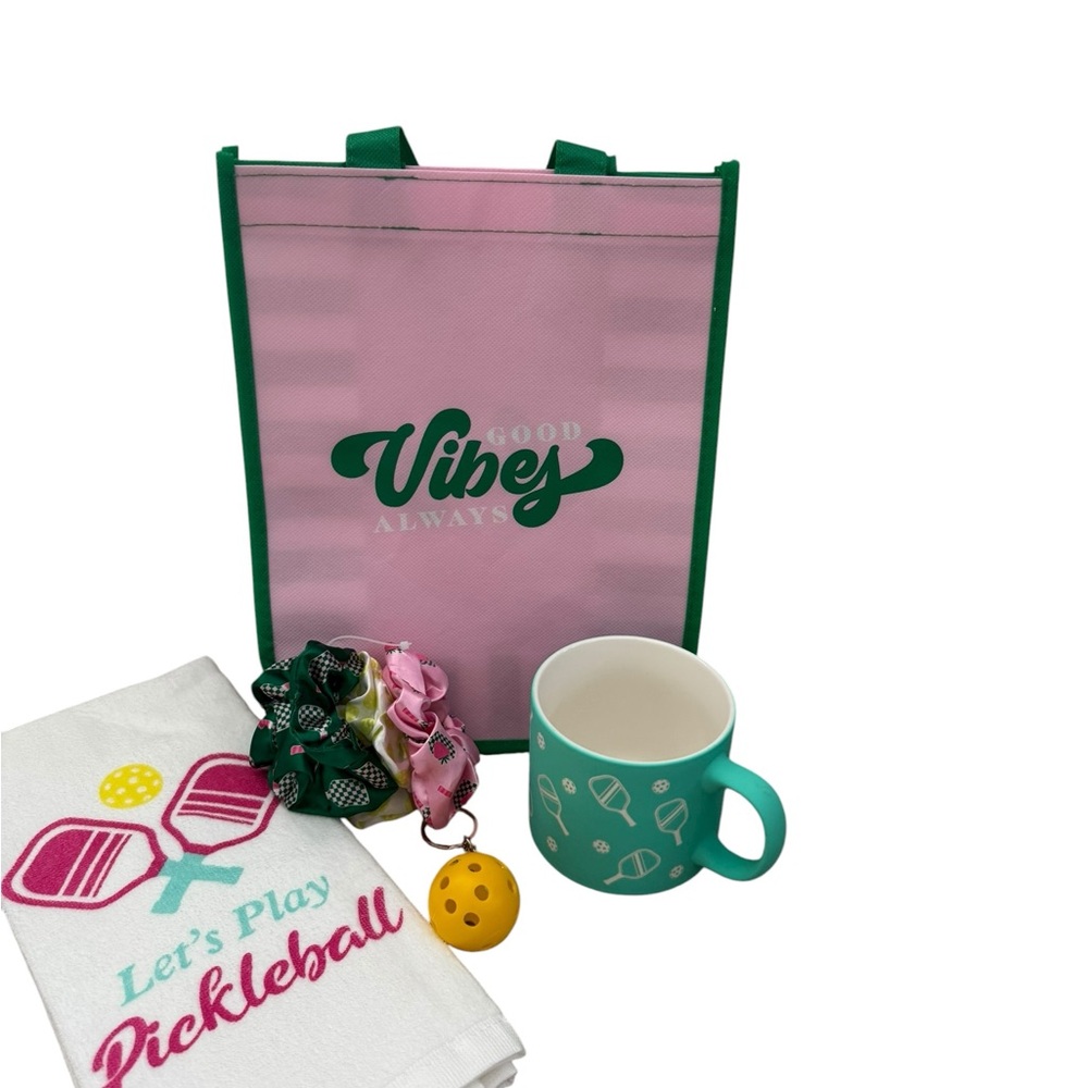 Pink and Green Tote with Pickleball Mug and Towel Set